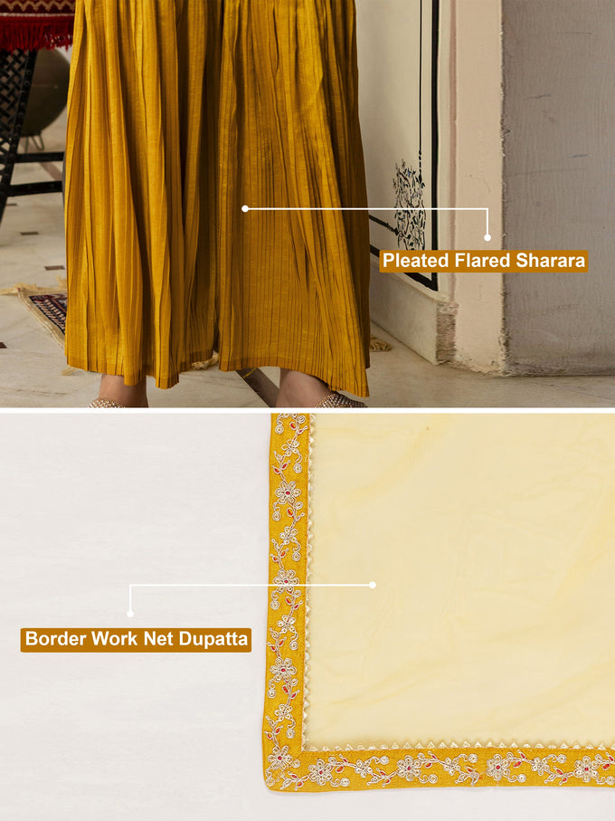 Yellow Art Silk Embroidery Sequence Work Pleated Kurta Sharara with Dupatta For Women's Trendmalls