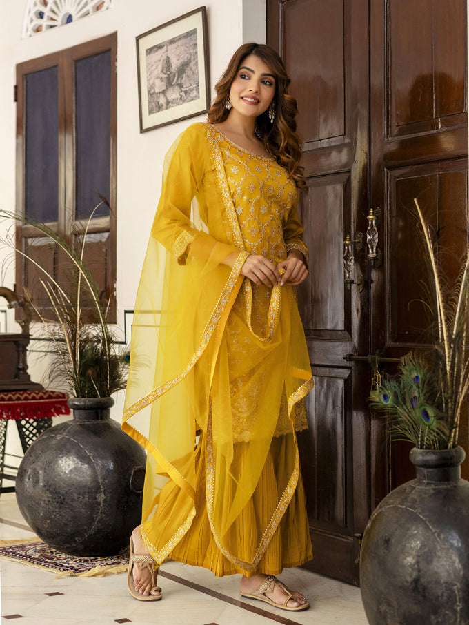 Yellow Art Silk Embroidery Sequence Work Pleated Kurta Sharara with Dupatta For Women's Trendmalls