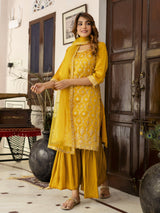 Yellow Art Silk Embroidery Sequence Work Pleated Kurta Sharara with Dupatta For Women's Trendmalls