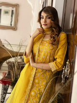 Yellow Art Silk Embroidery Sequence Work Pleated Kurta Sharara with Dupatta For Women's Trendmalls