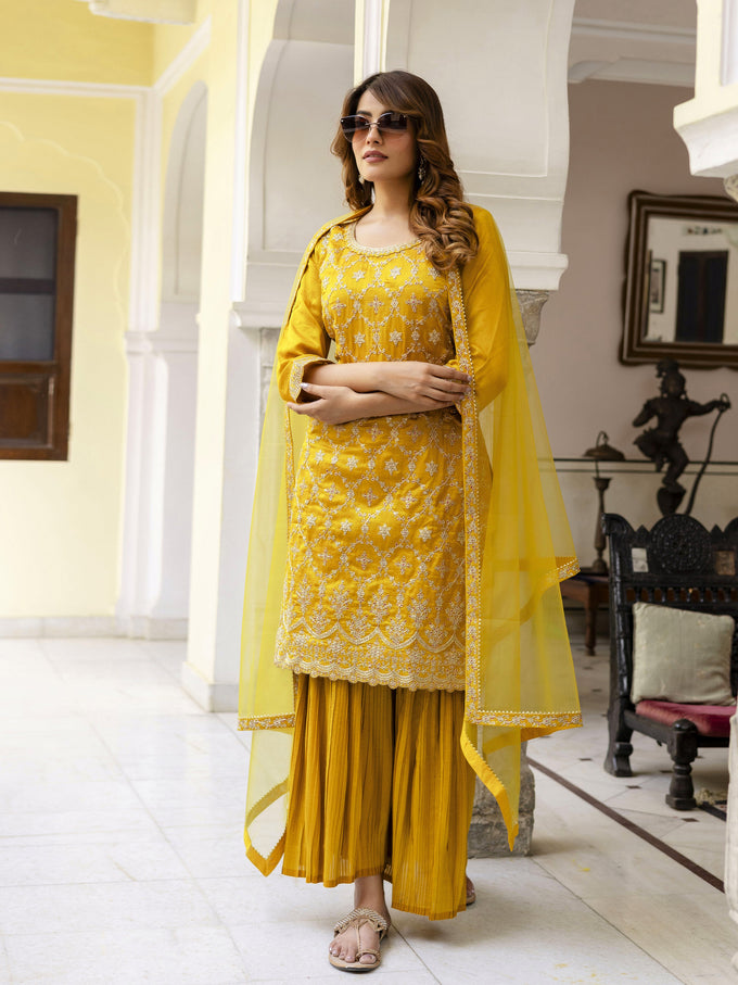 Yellow Art Silk Embroidery Sequence Work Pleated Kurta Sharara with Dupatta For Women's Trendmalls