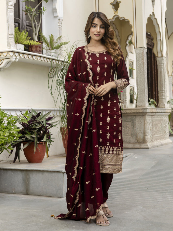 Maroon Art Silk Embroidery Sequence Work Kurta Pant Set with Dupatta for Women Trendmalls