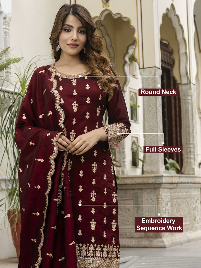 Maroon Art Silk Embroidery Sequence Work Kurta Pant Set with Dupatta for Women Trendmalls