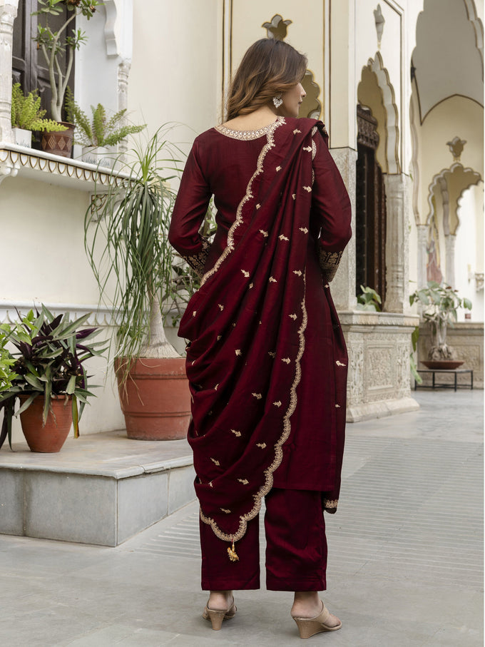 Maroon Art Silk Embroidery Sequence Work Kurta Pant Set with Dupatta for Women Trendmalls