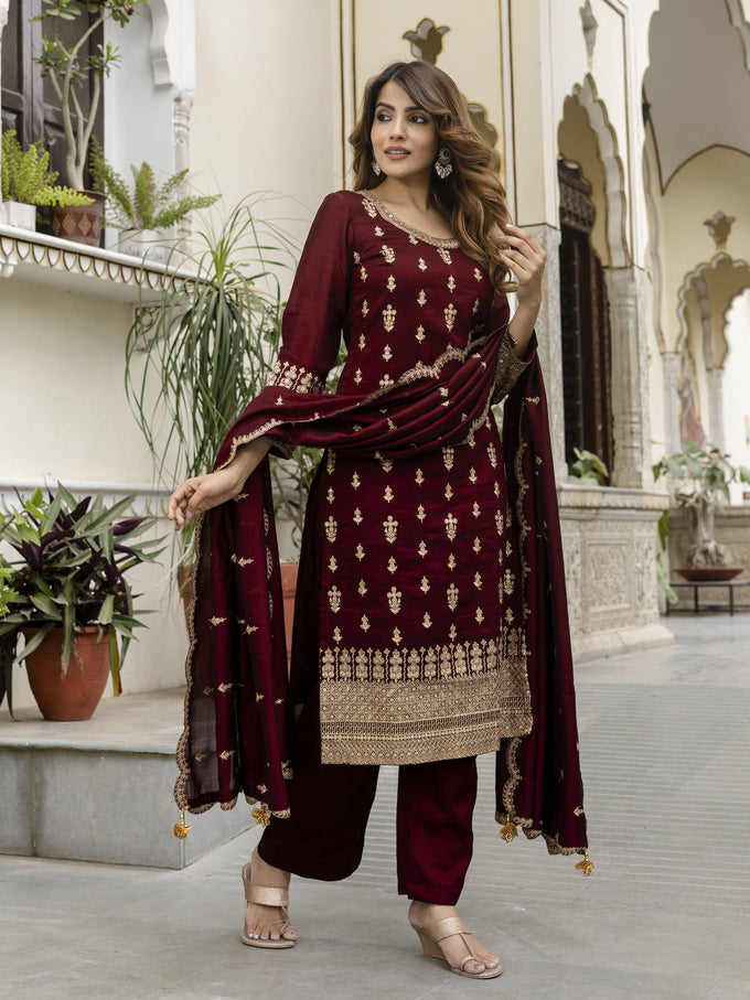 Maroon Art Silk Embroidery Sequence Work Kurta Pant Set with Dupatta for Women Trendmalls