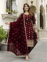 Maroon Art Silk Embroidery Sequence Work Kurta Pant Set with Dupatta for Women Trendmalls