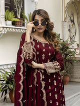 Maroon Art Silk Embroidery Sequence Work Kurta Pant Set with Dupatta for Women Trendmalls