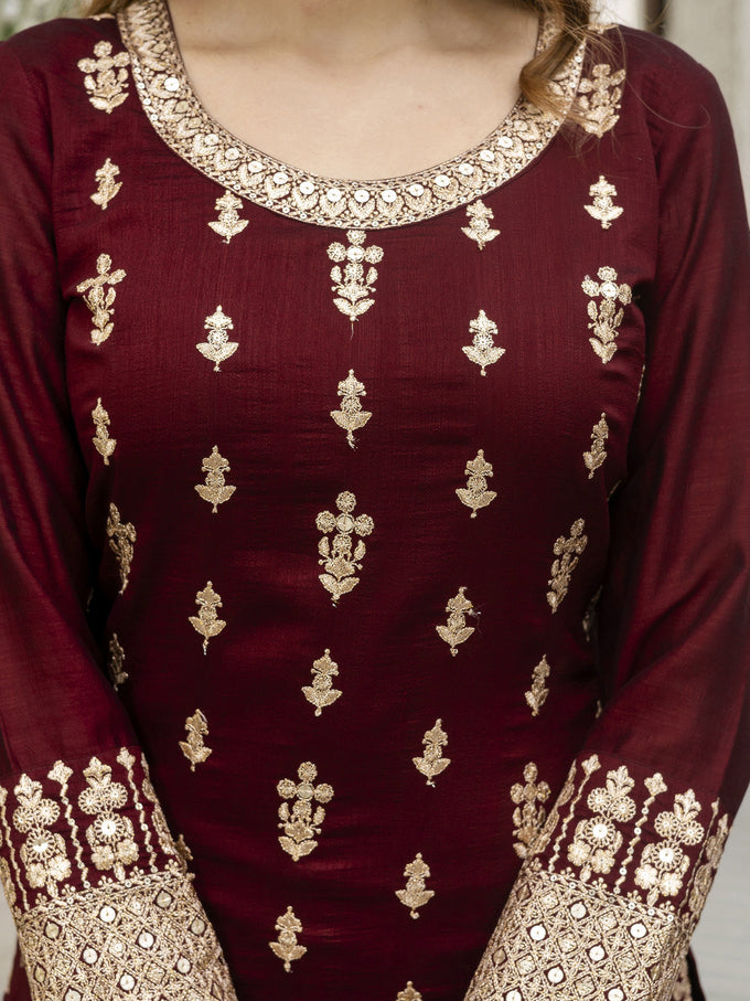 Maroon Art Silk Embroidery Sequence Work Kurta Pant Set with Dupatta for Women Trendmalls