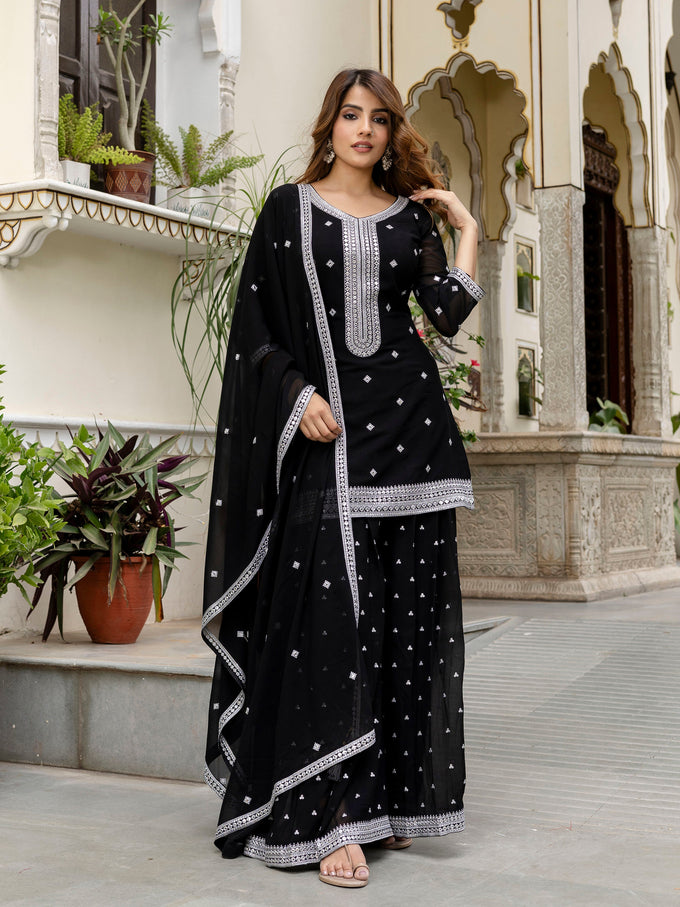 Black Georgette Embroidery Work Salwar Suit with Dupatta for Women Trendmalls
