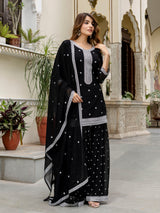 Black Georgette Embroidery Work Salwar Suit with Dupatta for Women Trendmalls