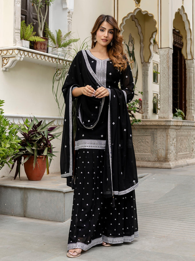 Black Georgette Embroidery Work Salwar Suit with Dupatta for Women Trendmalls