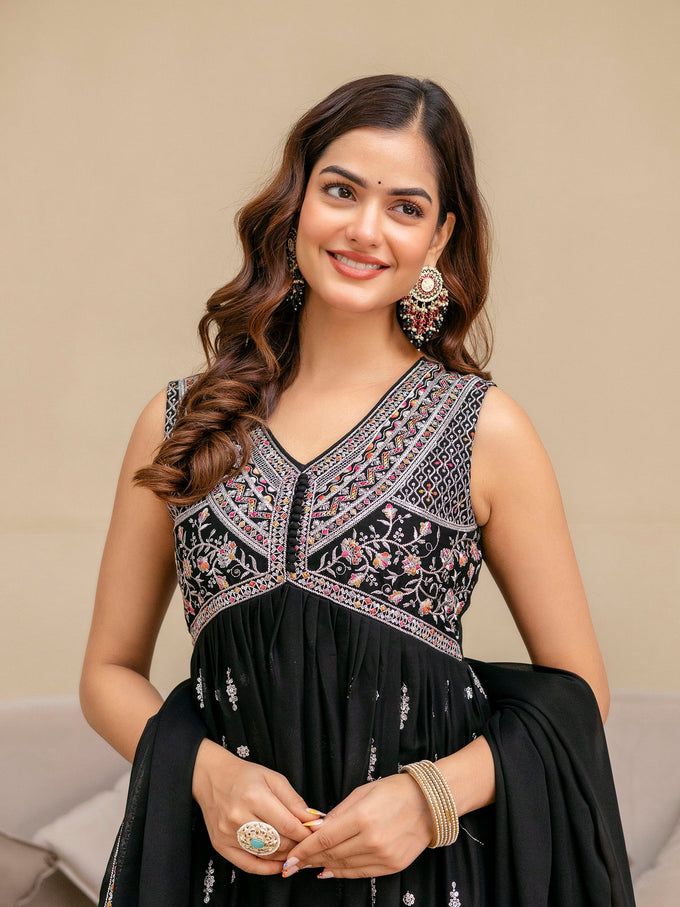 Black Art Silk Embroidery Work Anarkali Kurta Pant with Dupatta Set Trendmalls