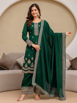 Green Art Silk Embroidery Salwar Suit Set with Dupatta For Women's Trendmalls