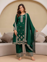 Green Art Silk Embroidery Salwar Suit Set with Dupatta For Women's Trendmalls