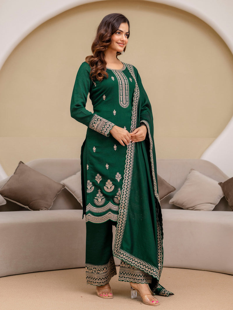 Green Art Silk Embroidery Salwar Suit Set with Dupatta For Women's Trendmalls