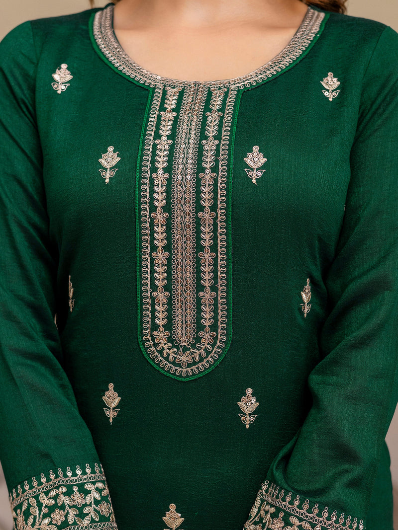 Green Art Silk Embroidery Salwar Suit Set with Dupatta For Women's Trendmalls