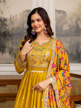 Yellow Art Silk Embroidery Salwar Suit Set Anarkali Kurta Pant with Dupatta Trendmalls