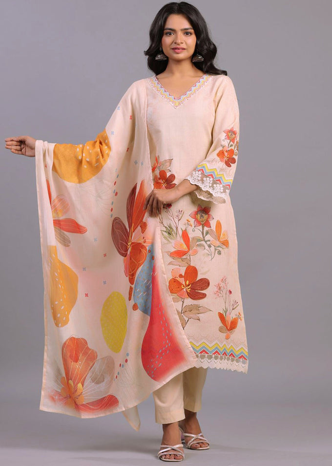 Peach Satin Digital Print A line Salwar Suit with Dupatta Set For Women's Trendmallsin