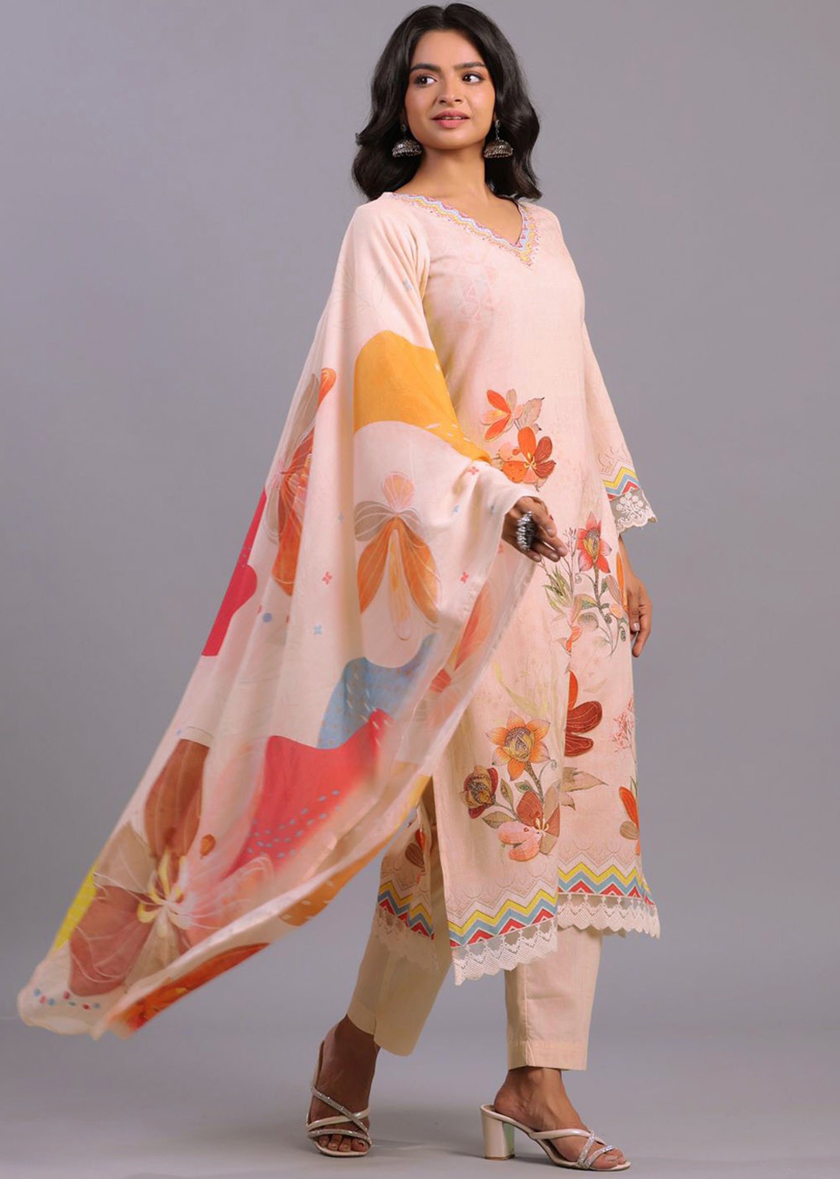 Peach Satin Digital Print A line Salwar Suit with Dupatta Set For Women's Trendmallsin