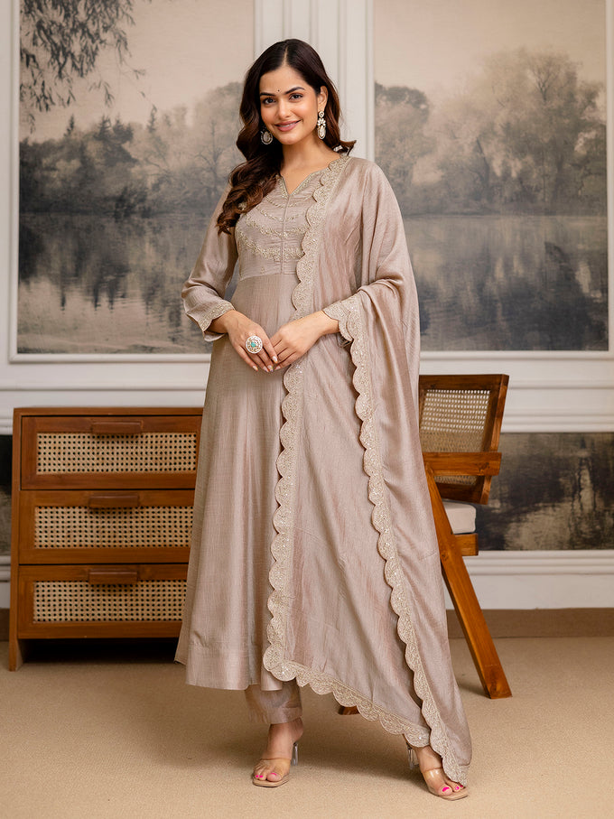 Beige Art Silk Embroidery sequence Work Anarkali Kurta Pant With Dupatta For Women