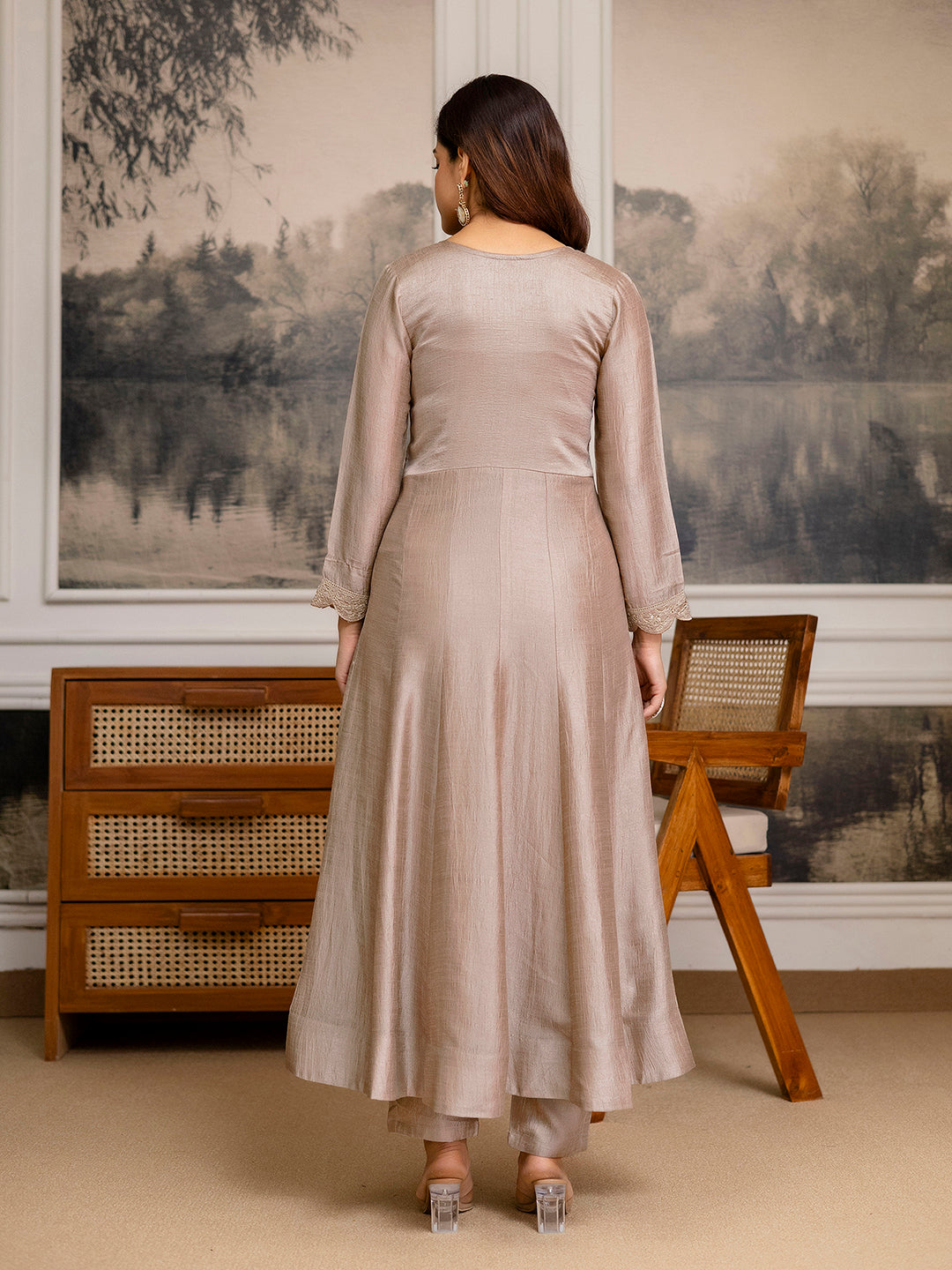 Beige Art Silk Embroidery sequence Work Anarkali Kurta Pant With Dupatta For Women