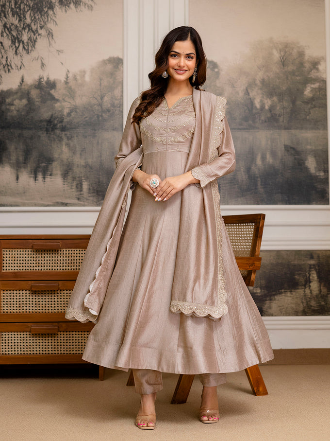 Beige Art Silk Embroidery sequence Work Anarkali Kurta Pant With Dupatta For Women