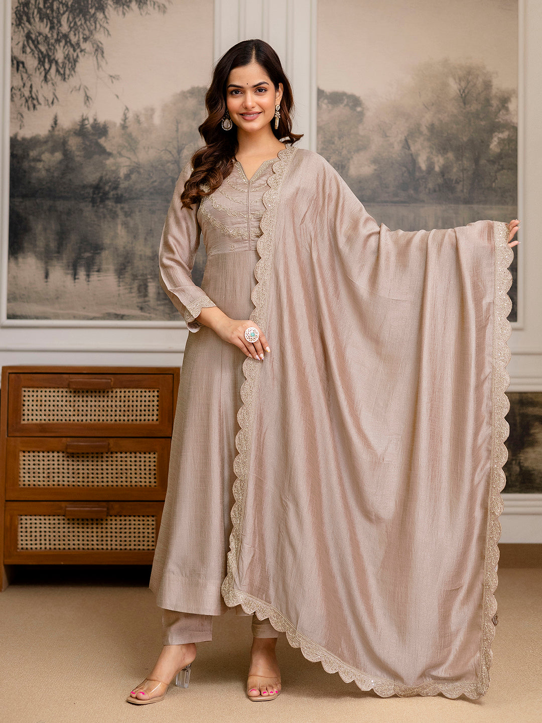 Beige Art Silk Embroidery sequence Work Anarkali Kurta Pant With Dupatta For Women