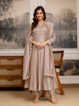 Beige Art Silk Embroidery sequence Work Anarkali Kurta Pant With Dupatta For Women