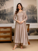 Beige Art Silk Embroidery sequence Work Anarkali Kurta Pant With Dupatta For Women