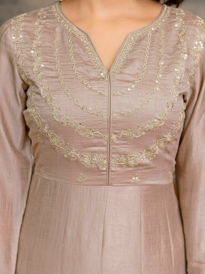 Beige Art Silk Embroidery sequence Work Anarkali Kurta Pant With Dupatta For Women