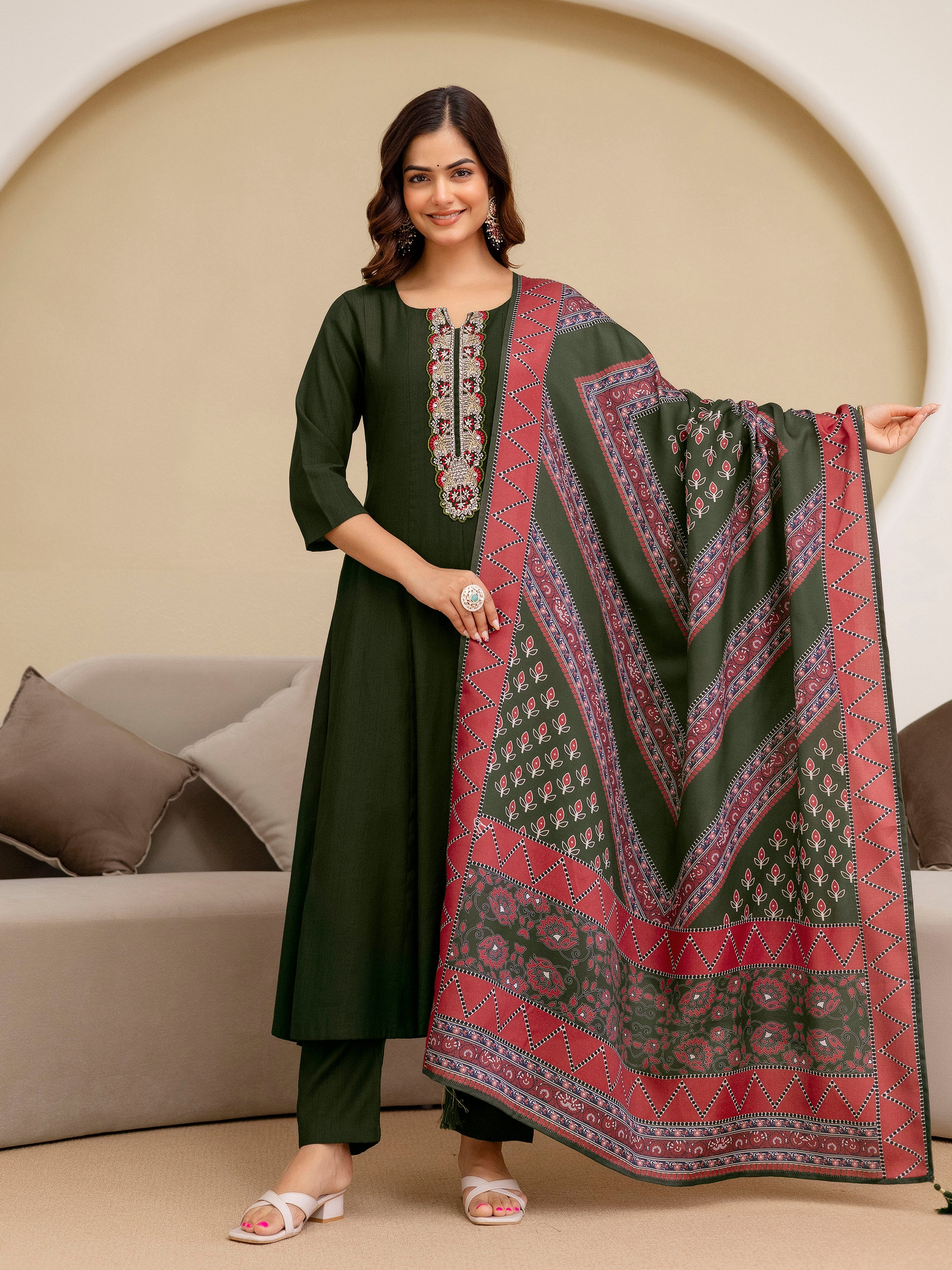 Mahndi Art Silk Embroidery Sequence Work Kurta Pant Set with Dupatta for Women Trendmalls