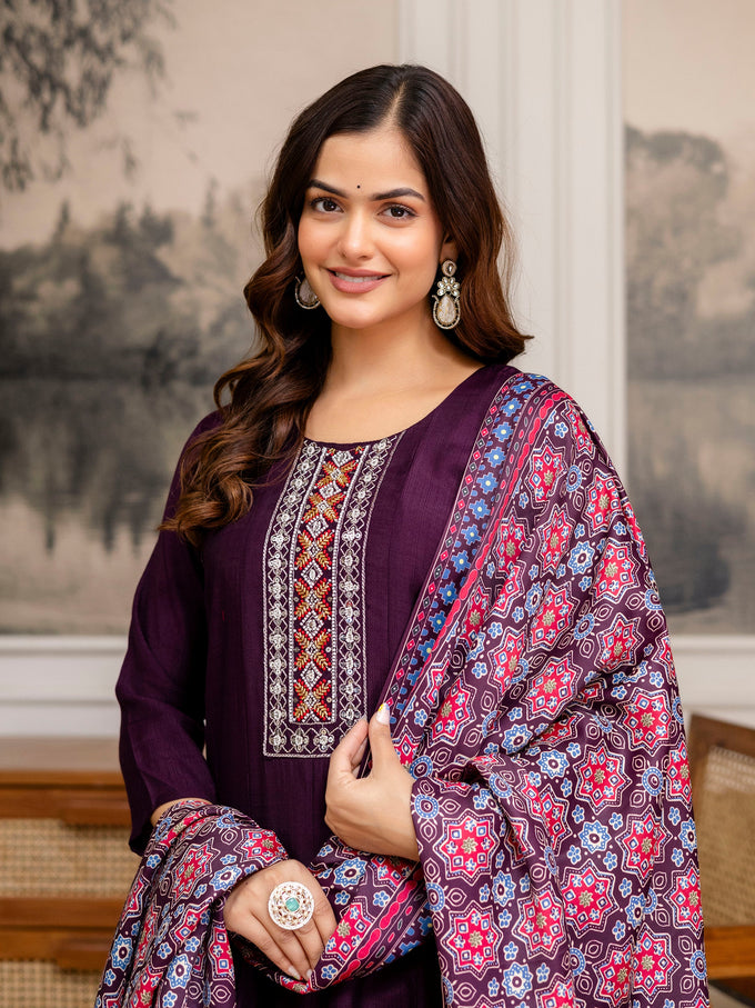 Purple Art Silk Hand Work Embroidery Anarkali Kurta Pant with Printed Dupatta For Women's Trendmalls