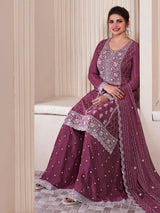 Darkpeach Art Silk Embroidery Sequence Work Kurta Palazzo Set with Dupatta For Women