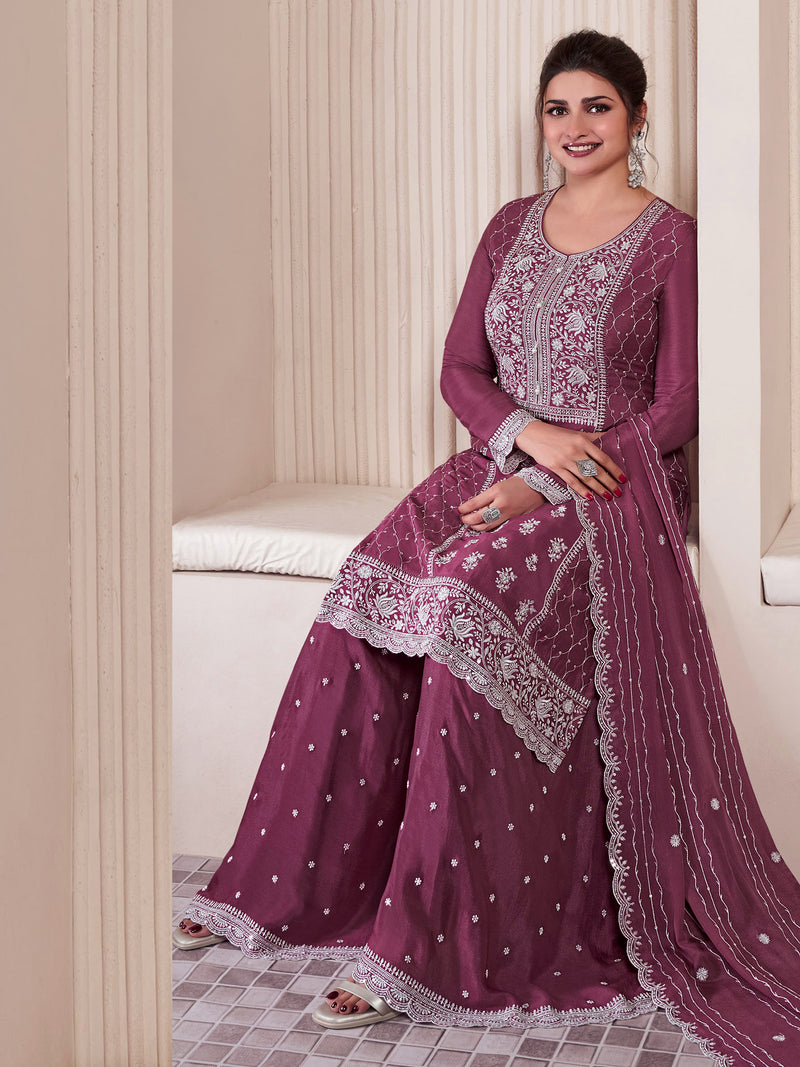 Darkpeach Art Silk Embroidery Sequence Work Kurta Palazzo Set with Dupatta For Women