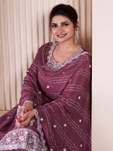 Darkpeach Art Silk Embroidery Sequence Work Kurta Palazzo Set with Dupatta For Women