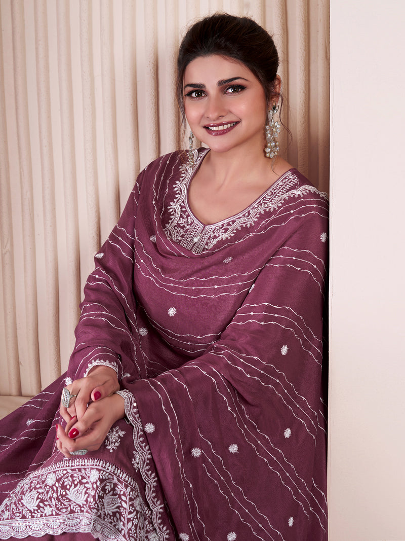 Darkpeach Art Silk Embroidery Sequence Work Kurta Palazzo Set with Dupatta For Women