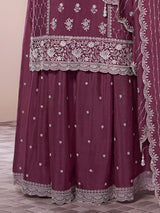 Darkpeach Art Silk Embroidery Sequence Work Kurta Palazzo Set with Dupatta For Women