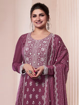 Darkpeach Art Silk Embroidery Sequence Work Kurta Palazzo Set with Dupatta For Women