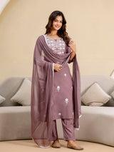 Darkpeach Cambric Cotton Embroidery Salwar Suit With Dupatta Set For Women's Trendmalls