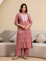 Darkpeach Cambric Cotton Embroidery Salwar Suit With Dupatta Set For Women's Trendmalls
