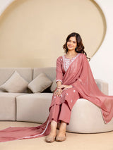 Darkpeach Cambric Cotton Embroidery Salwar Suit With Dupatta Set For Women's Trendmalls