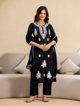 Black Cambric Cotton Embroidery Salwar Suit With Dupatta Set Trendmalls