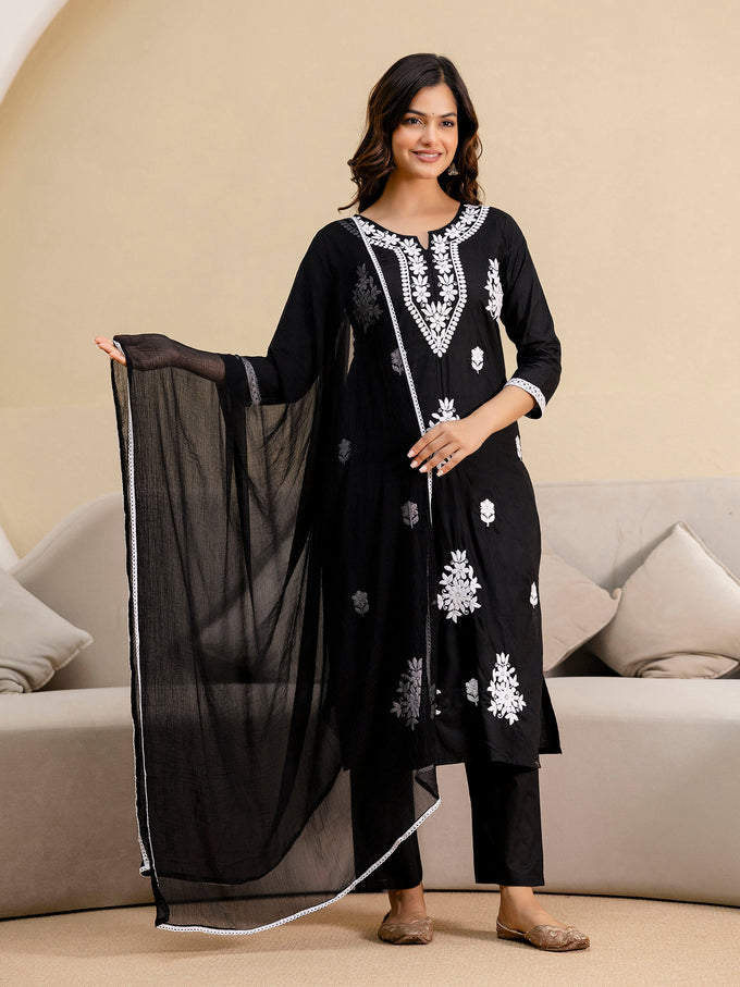 Black Cambric Cotton Embroidery Salwar Suit With Dupatta Set Trendmalls