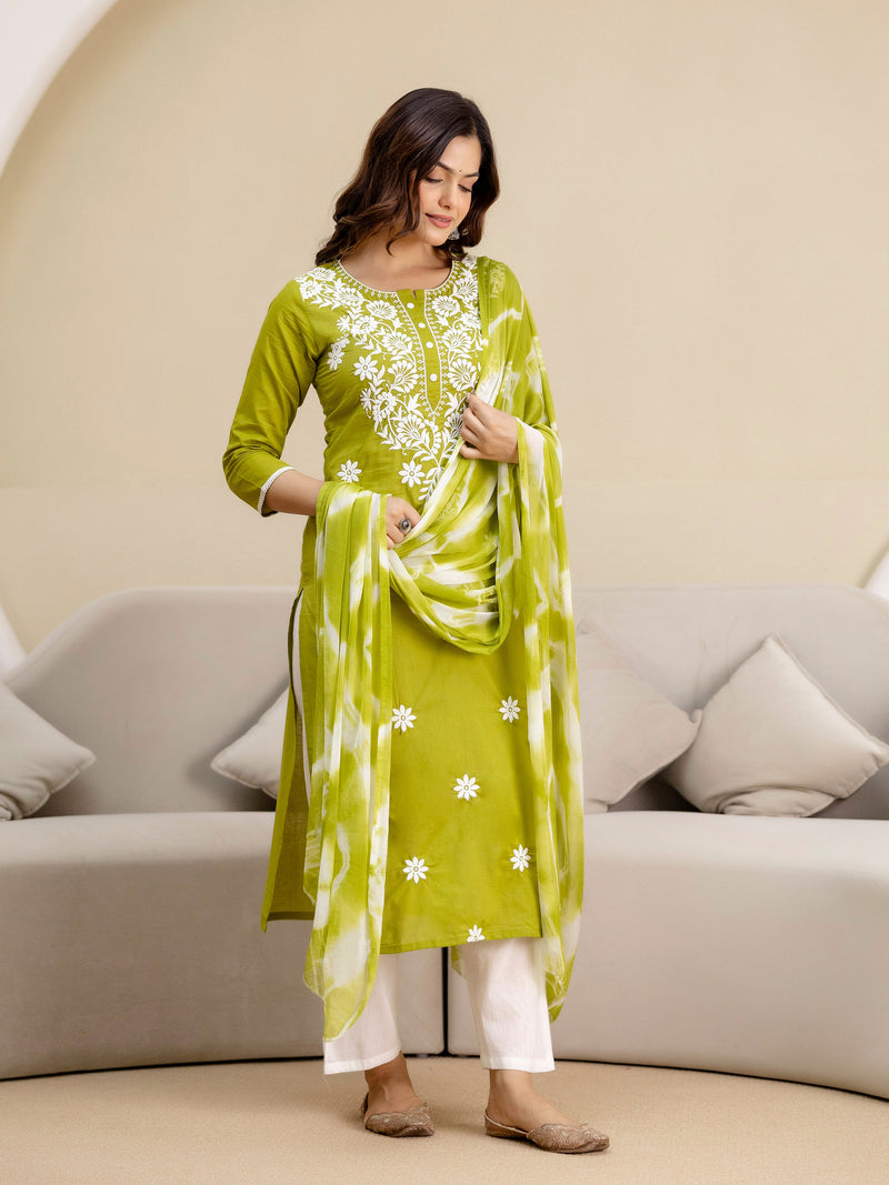 LightGreen Cotton Embroidery Salwar Suit with Dupatta Set For Women's Trendmallsin