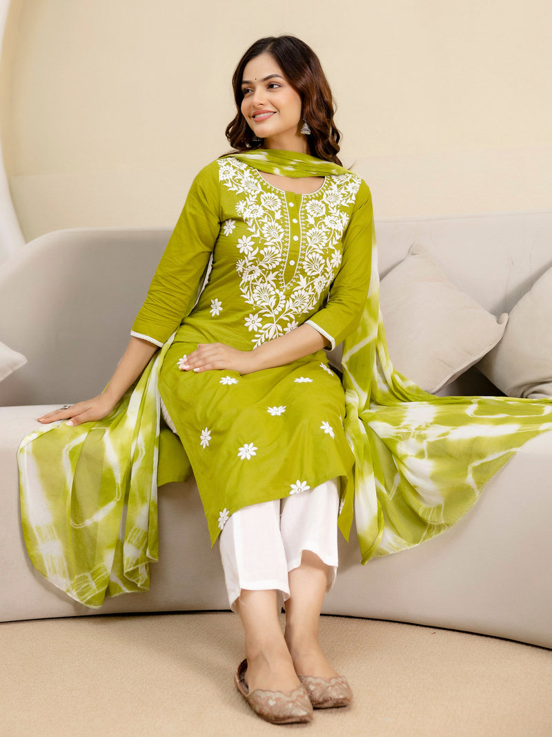 LightGreen Cotton Embroidery Salwar Suit with Dupatta Set For Women's Trendmallsin