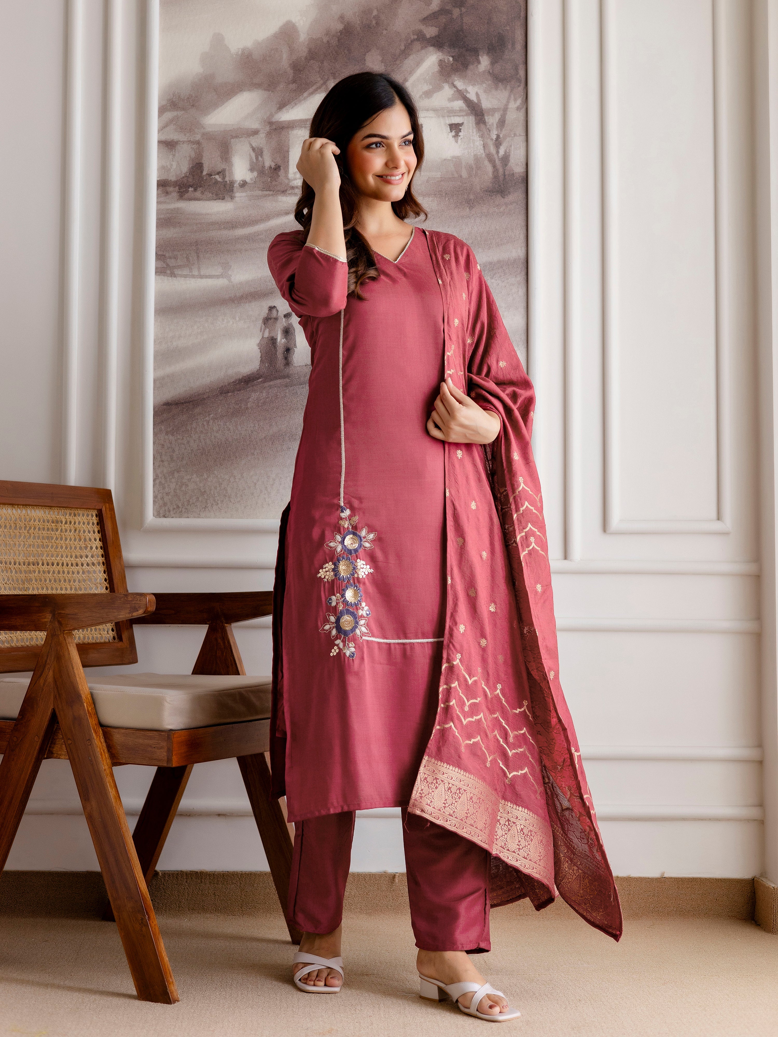 Maroon Chinon Embroidery Salwar Suit with Dupatta Set For Women's Trendmalls