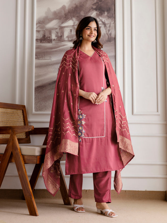 Maroon Chinon Embroidery Salwar Suit with Dupatta Set For Women's Trendmalls