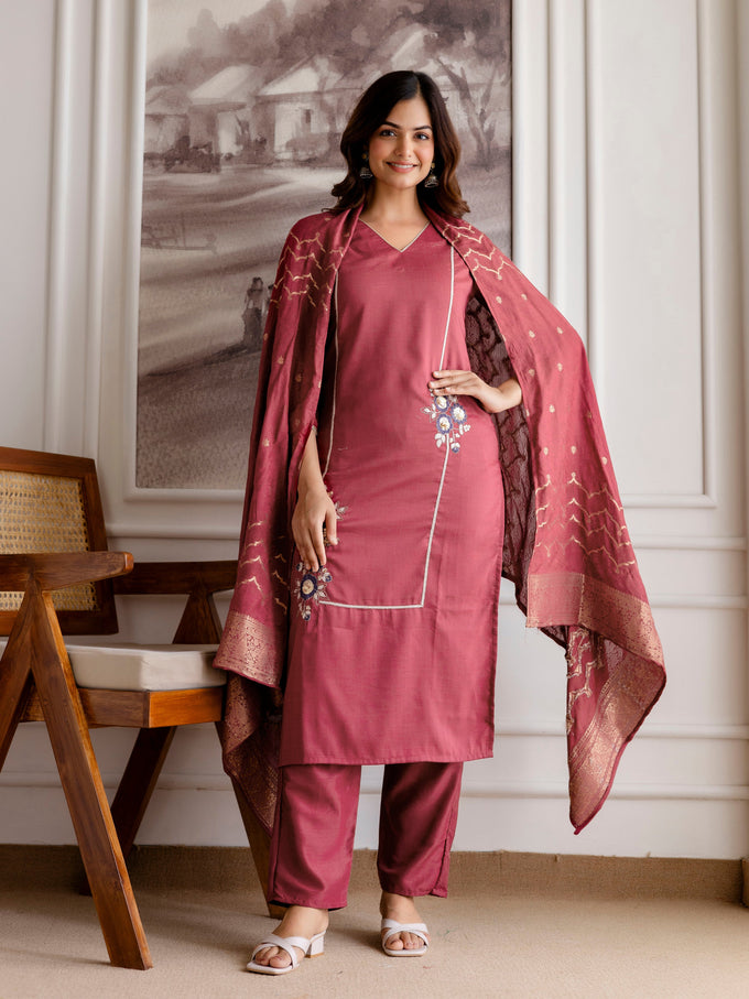 Maroon Chinon Embroidery Salwar Suit with Dupatta Set For Women's Trendmalls