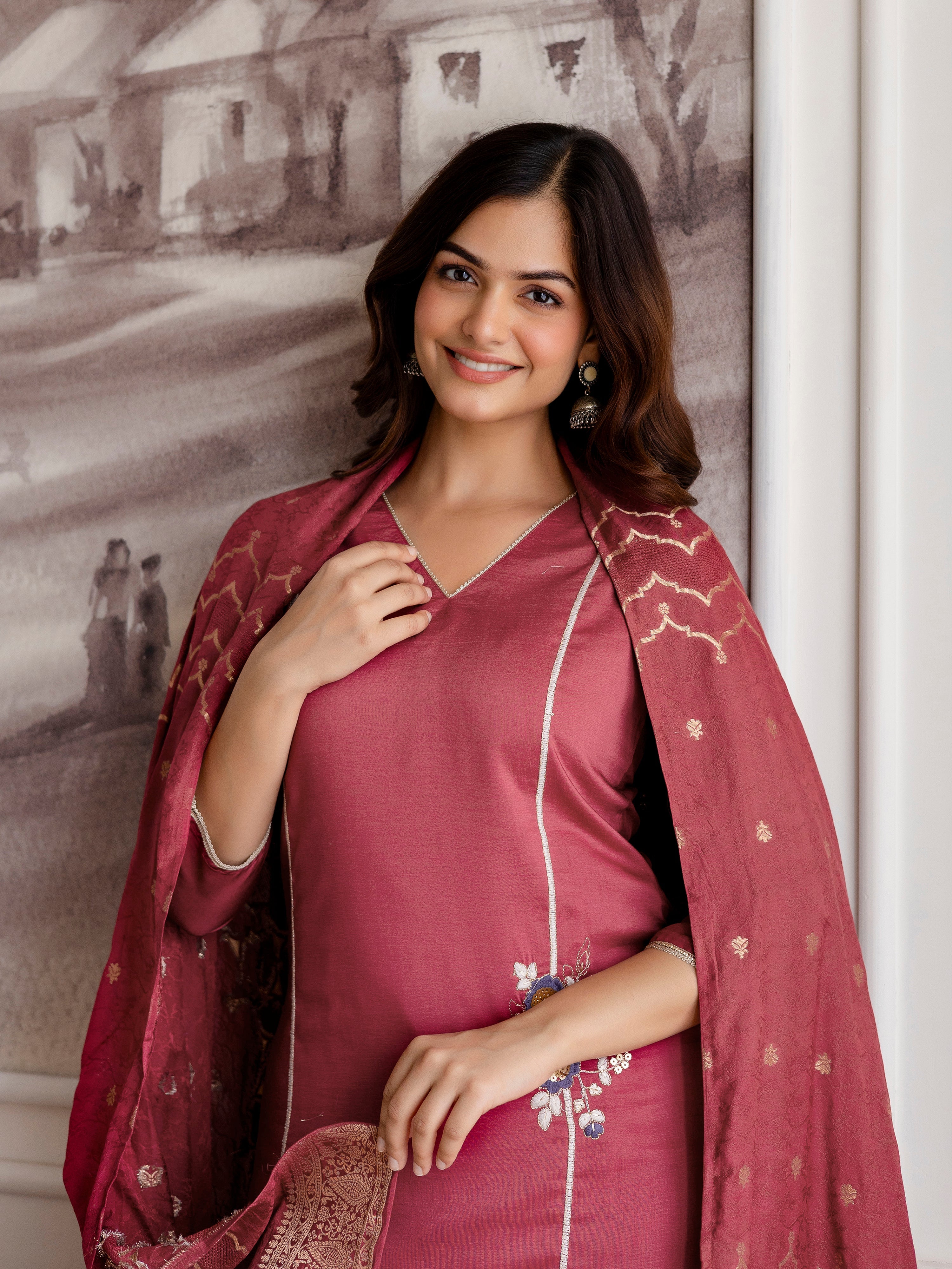 Maroon Chinon Embroidery Salwar Suit with Dupatta Set For Women's Trendmalls