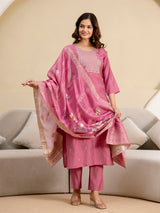 Pink Roman Silk Embroidery Salwar Suit with Floral Print Dupatta Set For Women's Trendmalls